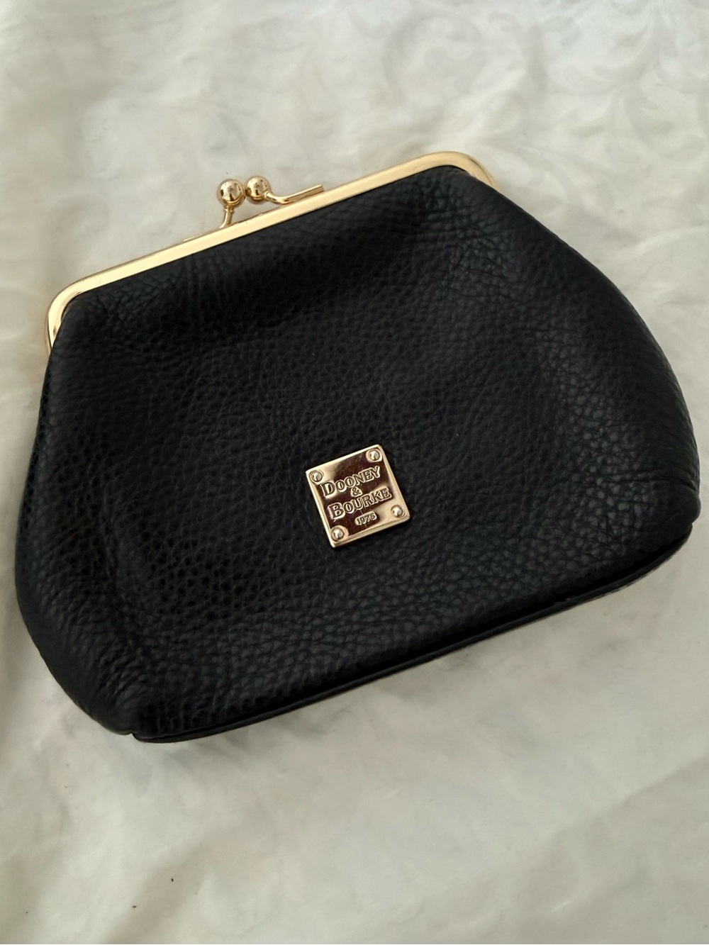 Dooney and Bourke Black Leather Coin Clutch with Gold Frame